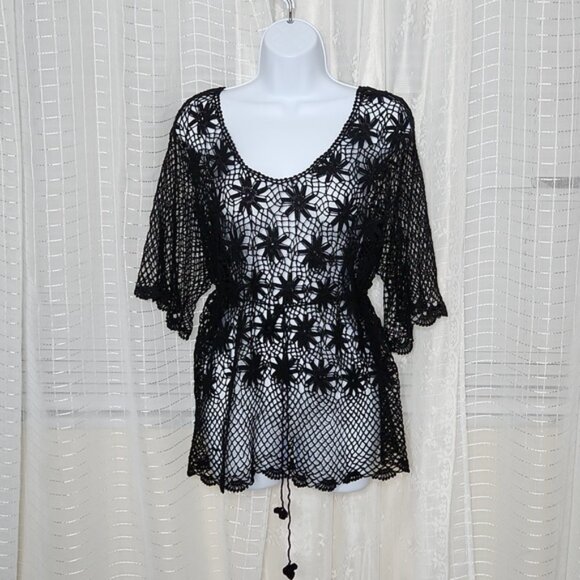 Boho Hippy Vintage 60's 70's Sheer Black Crochet Floral Lace Skirt Set SzXL - Picture 2 of 9